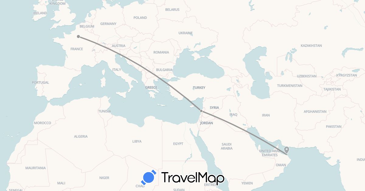 TravelMap itinerary: driving, plane in France, Lebanon, Oman (Asia, Europe)